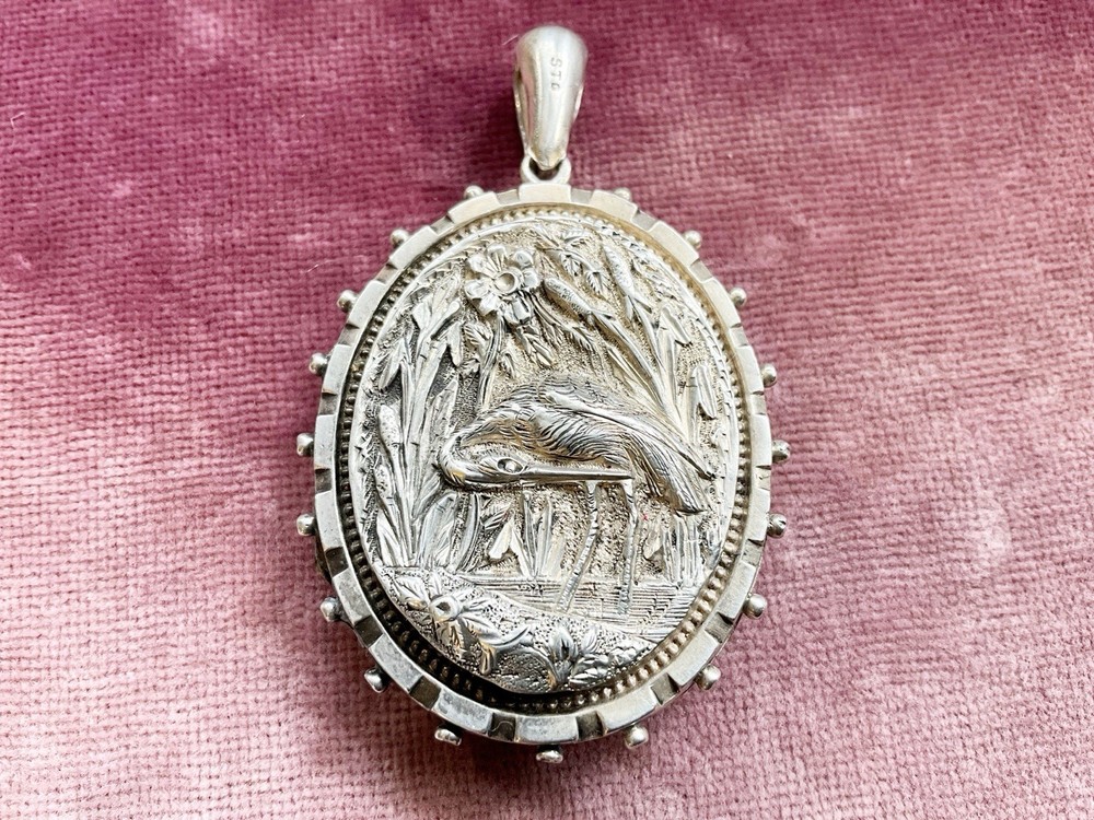 Antique English Victorian Sterling Silver Locket Pendant with Bird Cattails