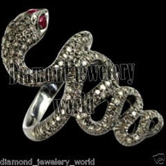 Stunning 2.06ctw Rose Cut Diamond Ruby Studded Silver Vintage Snake Ring Jewelry