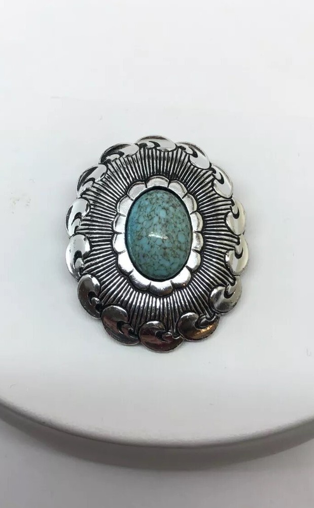 Vtg West Germany Scarf Clip Faux turquoise Oval cabochon Silver Tone signed