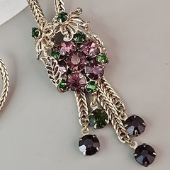 Vintage Rhinestone Necklace Purple Tassel Gold Tone Foxtail 15″