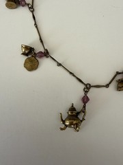 Sweet Romance USA Bronze Tone Teapot Charm Necklace w/Rose Crystal Beads 27″