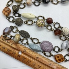 Vtg Boho Statement Bead Brass Chain Link Statement Necklace 34” Signed