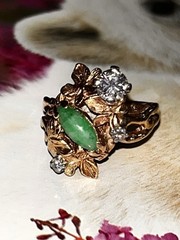 Vintage Custom Made 14k Gold Chunky Floral Diamond/natural Jade Ring Sz6