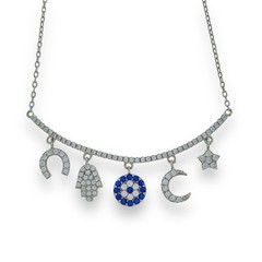 China Sterling Silver 925 Lucky Charm Blue White Crystal Bib Necklace 16″-18″