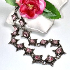 Vintage Silver Beaded & Marcasite Collar Necklace, Bezel Set With Pink Cabochons