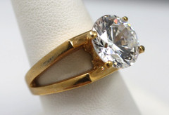 18K yellow gold plated large 12mm round clear stone double style band ring sz 8