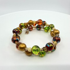 Vintage Gold Tone Lampwork Art Glass Beaded Coil Wrap Bracelet Chunky Boho 90s