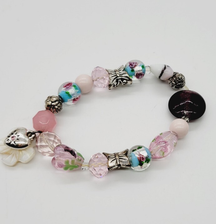 Floral Charm Bracelet Stackable Beaded Stretch One Size PASTEL COLORS OSFM