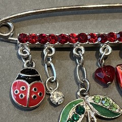 Vtg Lucky Charm Safety Pin Brooch Lips Heart Cherries Ladybug Nature Love & Luck