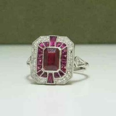 Art Deco Style Ruby & Lab Created Diamond Engagement Ring 14k White Gold Finish