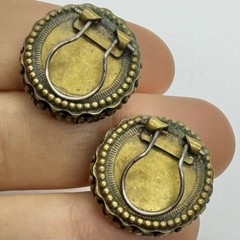 Vtg Old Confetti Glass Blue Foil Cabochon Brass Huggie Chunky Earrings Clip-on