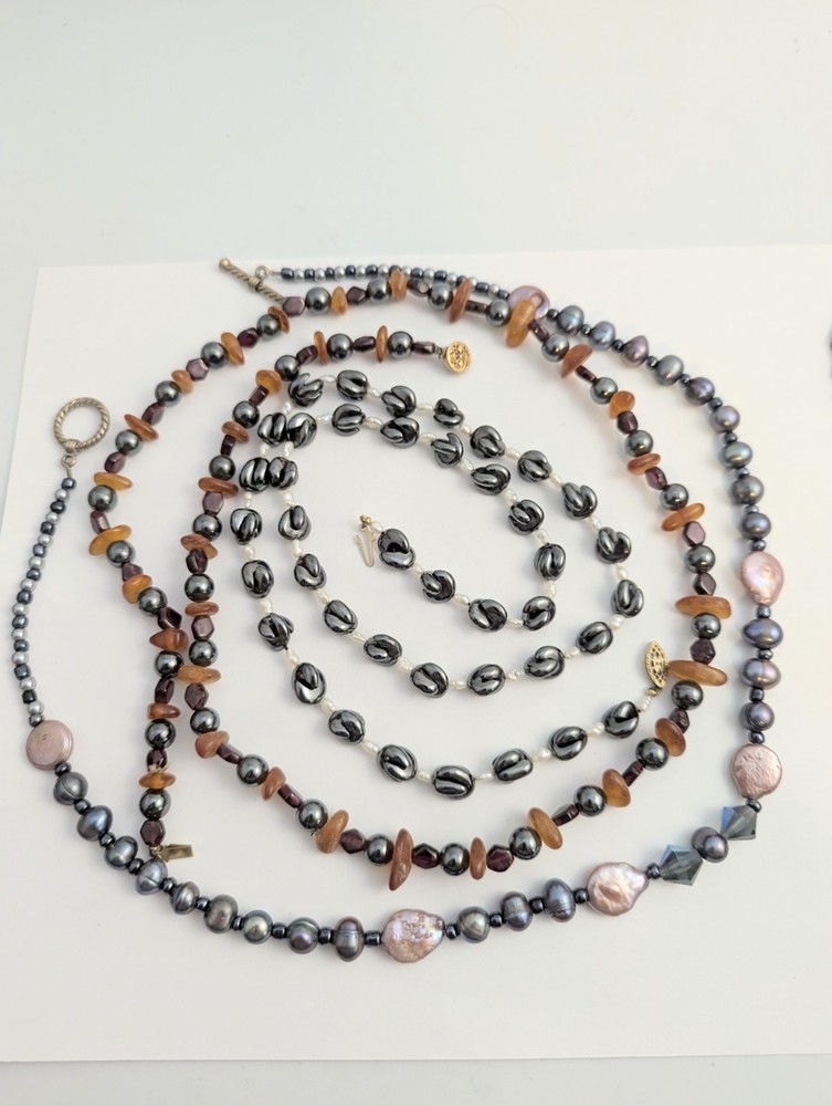 Vtg Handmade Necklace Lot Hematite Pearl Carnelian Garnet Beads Gold Filled