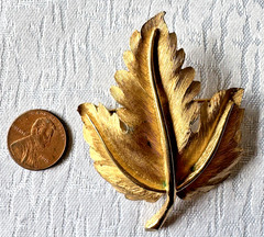 Vintage Gold Tone Leaf Brooch Signed Trifari Textured Mid Century Costume Jewel
