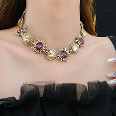 Vintage Purple Rhinestone Necklace Drop Earrings for Women Palace Style