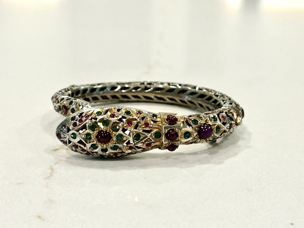 Antique Mughal Ruby Emerald Sterling Snake Bracelet Jewels Of India