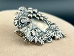 Vintage Repousse Fox In The Grapevine 2″ Silver-Plated Brooch