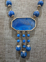 Vintage ART DECO Czech Blue Lapis Exotic Glass Bird Pendant Necklace 14″ Bohemia