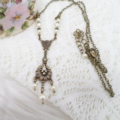 Victorian Pearl Necklace: Antique Brass Romantic Floral Handmade Vintage Jewelry