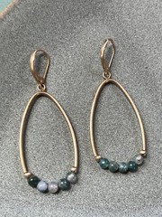 Estate Brushed Goldtone Tubular Ovals w Tiny Faux Green Stone Beads Dangle Ear