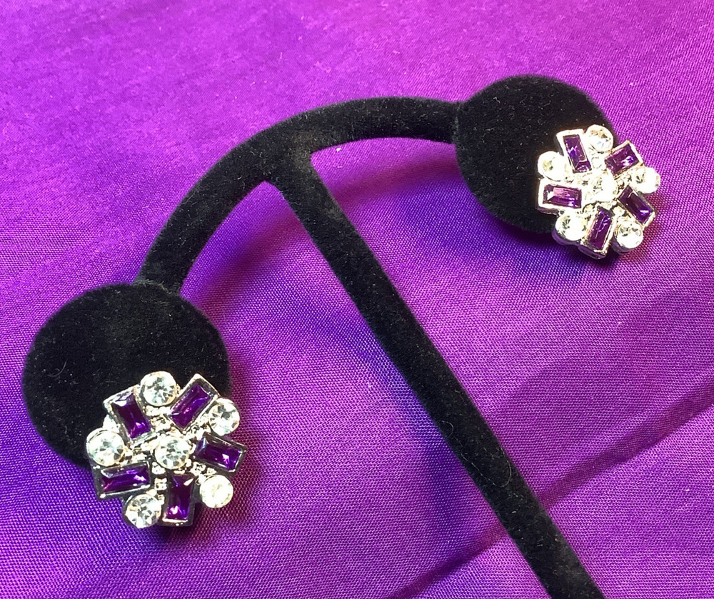 AAA 1980s Purple & Clear Faceted Rhinestone Statement Pierced Earrings E49
