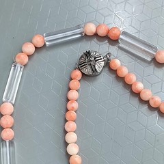 Natural Japan Angel Skin Pink Coral 6.4mm. & Crystal Quartz Necklace 21 in.,35g.