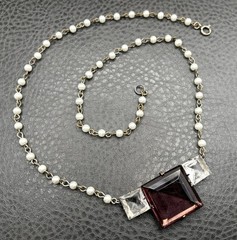 Vintage Art Deco Pearl & Purple Glass Pendant Necklace 925 Silver Clasp READ