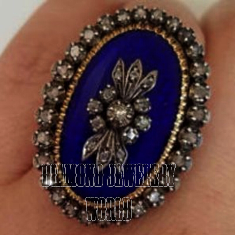 Victorian 2.01ctw Genuine Old Mine Rose Cut Diamond Enamel Silver Ring Jewelry