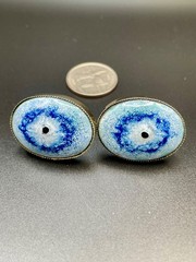 Vintage Mid Century Modernist Enamel Oval Silver Tone Cufflink Blue Evil Eye