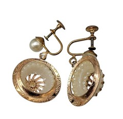 Vintage Pinwheel Faux Pearl Drop Screw Back Earrings Dangle Etched Gold Plated