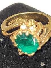 Vintage 14KGE Plate Imitation Emerald Solitaire Clear Stone Accents Fashion Ring