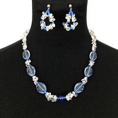 QUARTZ jewelry set – necklace & earrings -clear stone chips & blue glass beads