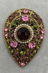 Vintage Goldtone Florenza Brooch Purple/Green Rhinestone Faux Pearls 2.25 Inch