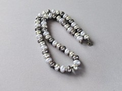 Vintage Beaded Necklace Silver, Gun Metal Gray, and Gray Faux Pearl 24” necklace