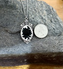 Victorian Black Rose Cameo HIDDEN Locket Necklace, Vintage Pillbox Stash Pendant