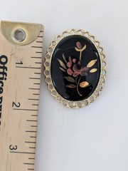 Vintage Black Oval Gold Tone Pendant Pin Pink Flowers Leaves Brooch Gift For Her