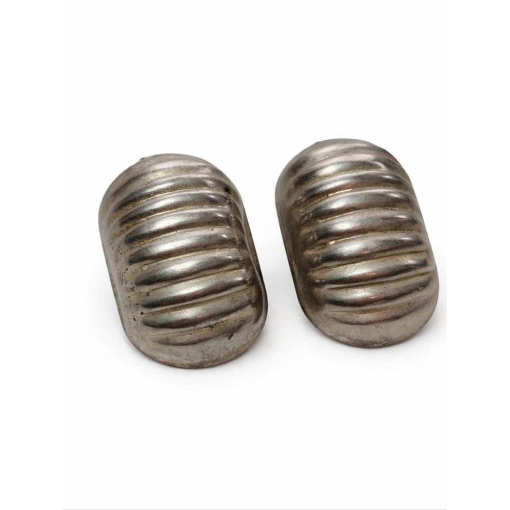 Vintage Silver Tone Ribbed Dome Stud Earrings Chunky Button 80s Retro Statement