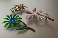 Vintage Jewelry Floral Dragonfly Butterfly Pin Lot Metal Enamel & Rhinestones