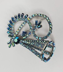 Vintage Hobe Brooch Peacock Blue AB Stones Baguettes Silver Tone 3D Signed