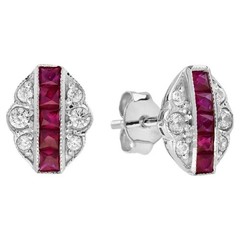 Vintage Style Ruby & Lab-Created Diamond Stud Earrings Art Deco Cluster Gift
