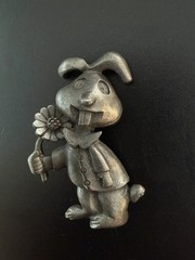 Pewter Bunny Rabbit Brooch Pin Flower Collar Big Teeth Easter Spring Jewelry VTG