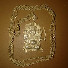 Hindu Goddess Pendant Necklace Long 44′ Vintage Brass Chain Mark India Sarna