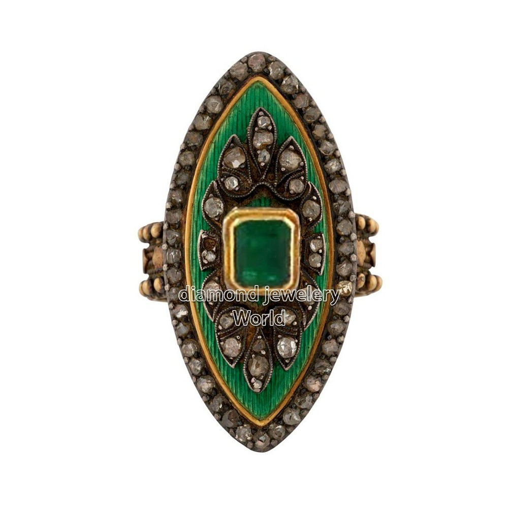 Gorgeous 1.61ctw Rose Cut Diamond Emerald Enamel Silver Victorian Ring Jewelry