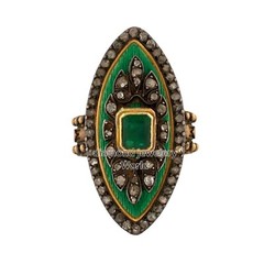 Gorgeous 1.61ctw Rose Cut Diamond Emerald Enamel Silver Victorian Ring Jewelry