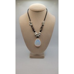 Moonstone Hematite Necklace Faux Opalite Pendant Tiny Shells Seed Bead Vintage