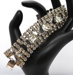 Vintage Rhinestone Bracelet w/ Multiple Rows of Rhinestones & Large Square Ones