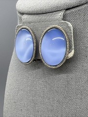 Vintage Blue Oval Clip On Earrings Silver Tone Bezel Cabochon Acrylic Mod Style