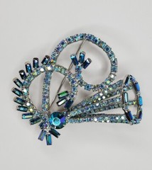 Vintage Hobe Brooch Peacock Blue AB Stones Baguettes Silver Tone 3D Signed