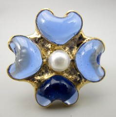 MOANS COUTURE GOLDTONE  POURED BLUE GLASS FLOWER STATEMENT RING -ONE SIZE