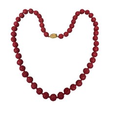Vintage Red Carved Cinnabar Beaded Necklace Gold Clasp Floral Detailing 26″ Long