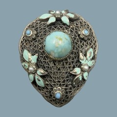 Antique Czech Glass Filigree Enamel Turquoise Blue Fur Dress Clip Brooch NEIGER?